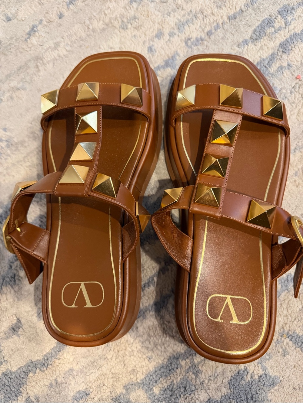 Valentino Garavani Brown Kids Studded Slide Sandals with Gold Accents